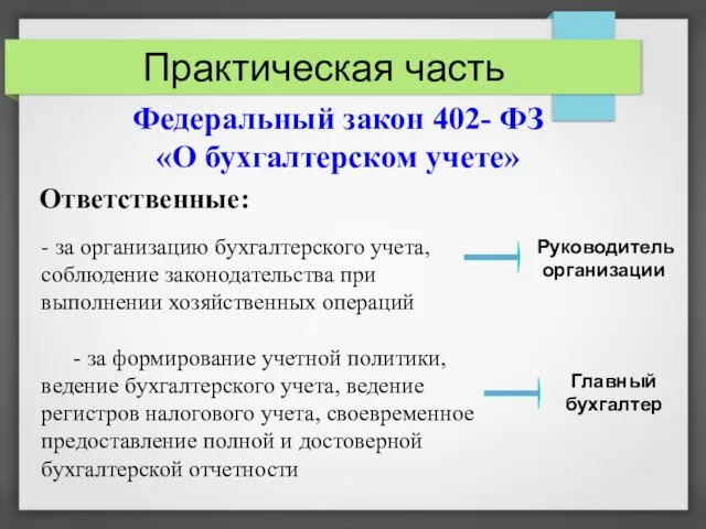 Практическая часть Федеральный закон 402- ФЗ «О бухгалтерском учете» Ответственные: -