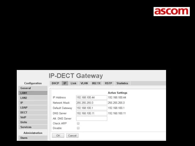 Установка IP адреса Для DECT Master нужен фиксированный IP-адрес Установить IP-адрес Выключите режим DHCP Требуется перезагрузка