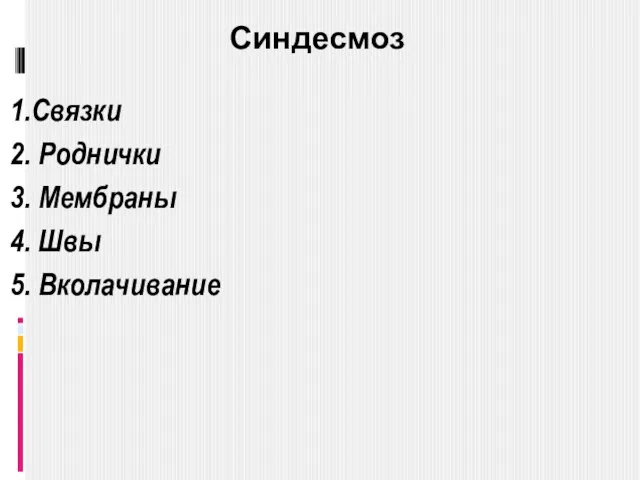 Синдесмоз 1.Связки 2. Роднички 3. Мембраны 4. Швы 5. Вколачивание