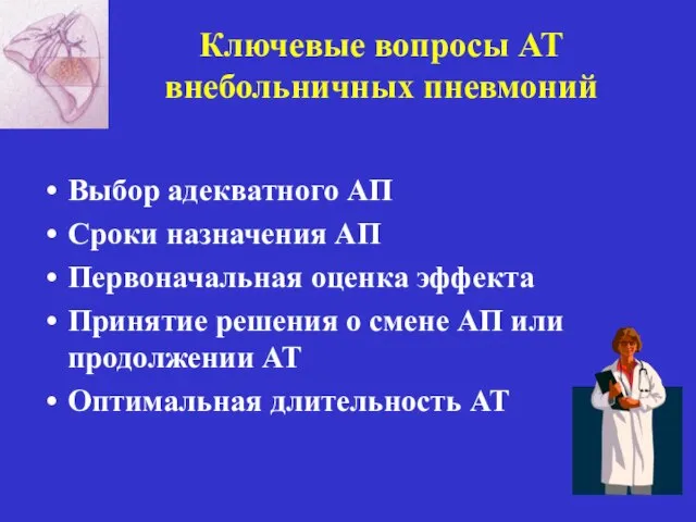 Ключевые вопросы АТ внебольничных пневмоний Выбор адекватного АП Сроки назначения АП