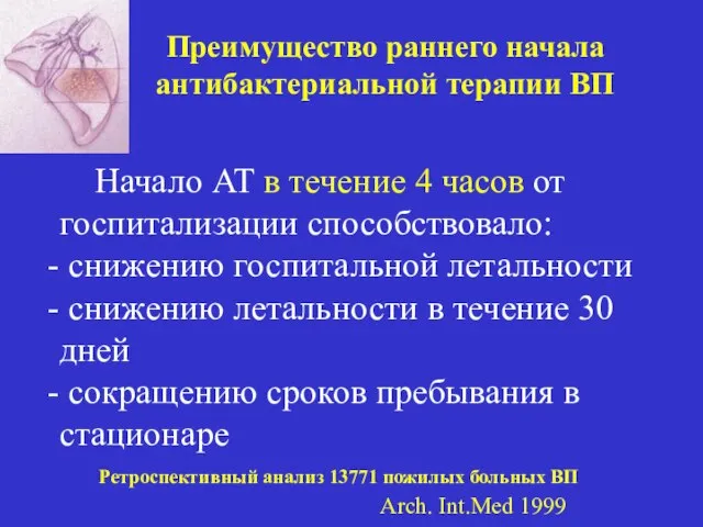 Преимущество раннего начала антибактериальной терапии ВП Начало АТ в течение 4