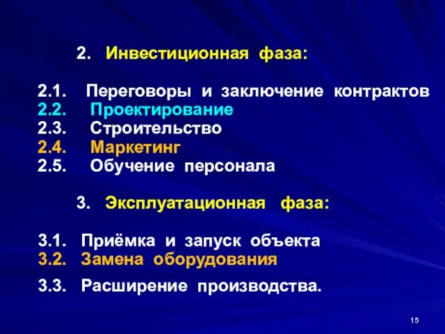 2. Инвестиционная фаза: 2.1. Переговоры и заключение контрактов 2.2. Проектирование 2.3.