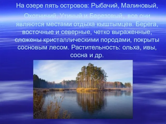 На озере пять островов: Рыбачий, Малиновый, Охотничий, Утиный и Березовый, все