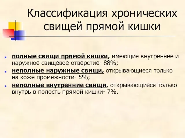 Классификация хронических свищей прямой кишки полные свищи прямой кишки, имеющие внутреннее