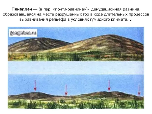 Пенеплен — (в пер. «почти-равнина»)- денудационная равнина, образовавшаяся на месте разрушенных