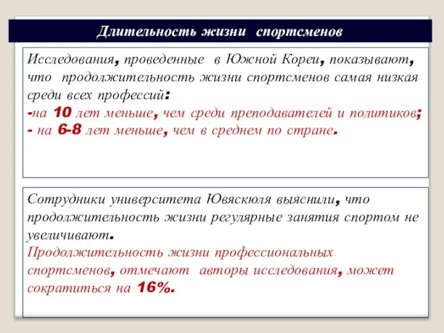 Исследования, проведенные в Южной Кореи, показывают, что продолжительность жизни спортсменов самая