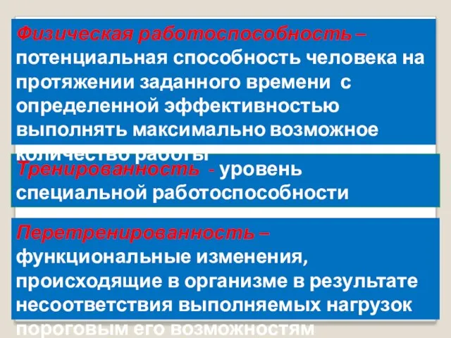 Тренированность - уровень специальной работоспособности спортсмена Перетренированность – функциональные изменения, происходящие