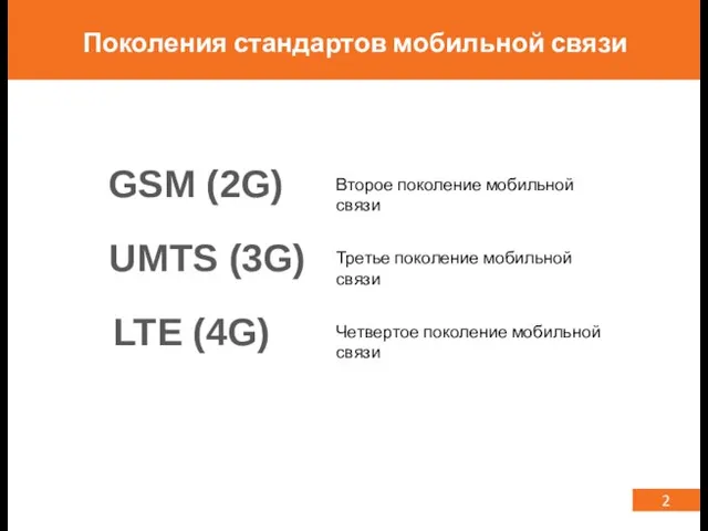 2 Поколения стандартов мобильной связи GSM (2G) UMTS (3G) LTE (4G)