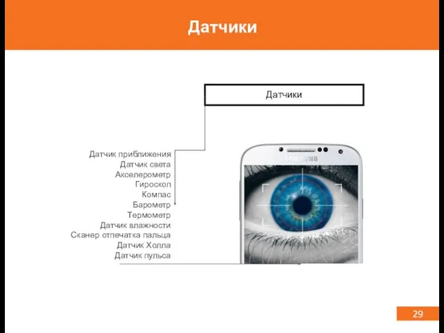 29 Датчики Датчик приближения Датчик света Акселерометр Гироскоп Компас Барометр Термометр