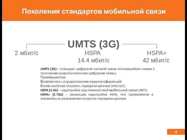 4 Поколения стандартов мобильной связи HSPA+ 14.4 мбит/с 42 мбит/с UMTS