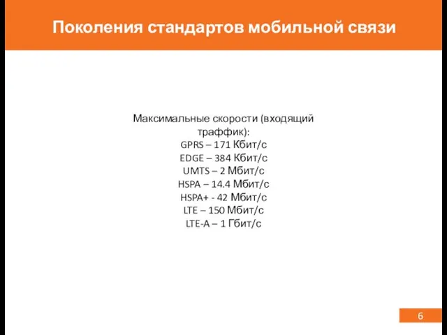 6 Поколения стандартов мобильной связи Максимальные скорости (входящий траффик): GPRS –