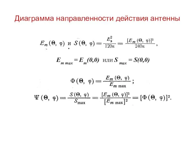 Диаграмма направленности действия антенны Em max = Em(0,0) или S max = S(0,0)