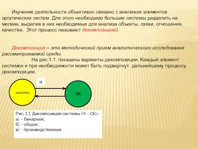 Изучение деятельности объективно связано с анализом элементов эргатических систем. Для этого