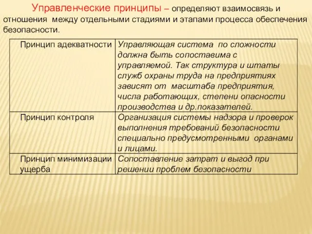 Управленческие принципы – определяют взаимосвязь и отношения между отдельными стадиями и этапами процесса обеспечения безопасности.