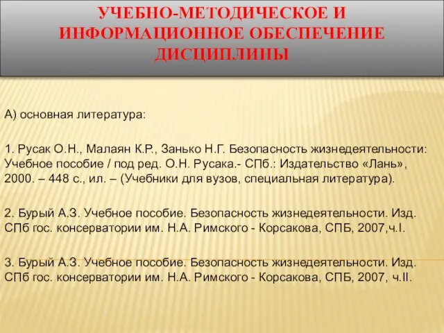 УЧЕБНО-МЕТОДИЧЕСКОЕ И ИНФОРМАЦИОННОЕ ОБЕСПЕЧЕНИЕ ДИСЦИПЛИНЫ А) основная литература: 1. Русак О.Н.,