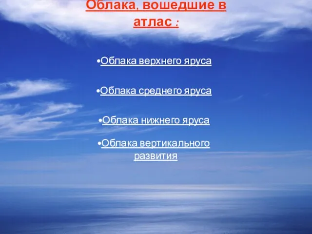 Облака верхнего яруса Облака среднего яруса Облака нижнего яруса Облака вертикального