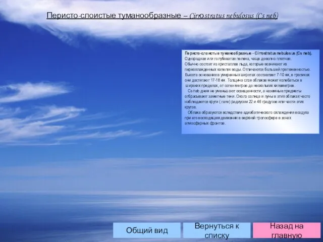 Перисто-слоистые туманообразные – Cirrоstratus nebulosus (Cs neb) Перисто-слоистые туманообразные - Cirrostratus