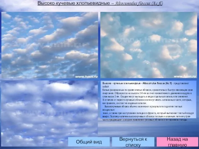 Вернуться к списку Назад на главную Высоко-кучевые хлопьевидные – Altocumulus floccus