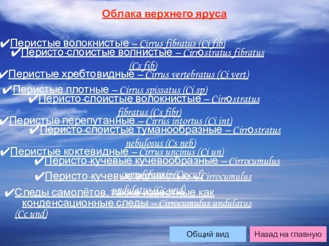 Облака верхнего яруса Назад на главную Перисто-кучевые волнистые – Cirrocumulus undulatus