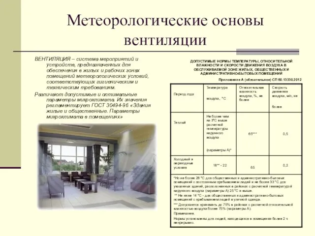 Метеорологические основы вентиляции ВЕНТИЛЯЦИЯ – система мероприятий и устройств, предназначенных для