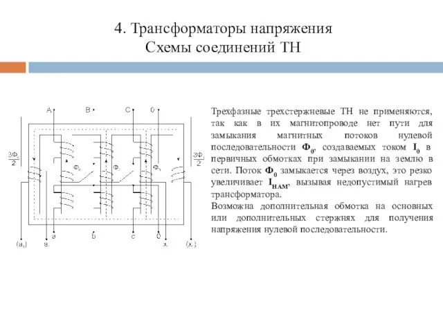 4. Трансформаторы напряжения Схемы соединений ТН Трехфазные трехстержневые ТН не применяются,