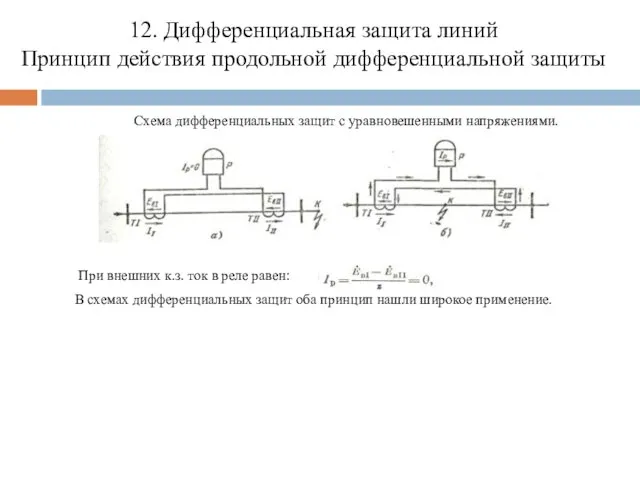 12. Дифференциальная защита линий Принцип действия продольной дифференциальной защиты Схема дифференциальных