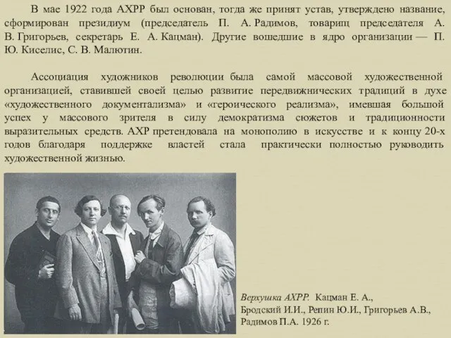 В мае 1922 года АХРР был основан, тогда же принят устав,