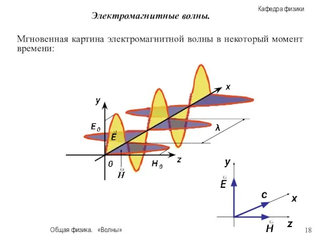 Общая физика. «Волны» Электромагнитные волны. Мгновенная картина электромагнитной волны в некоторый момент времени: