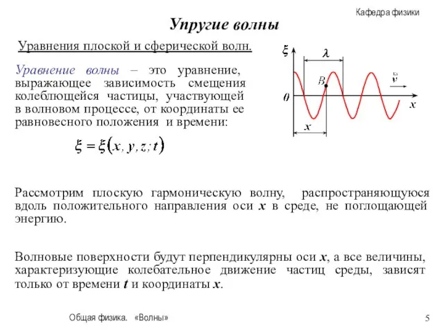 Общая физика. «Волны» Упругие волны Уравнения плоской и сферической волн. Уравнение