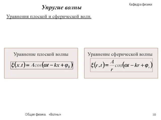 Общая физика. «Волны» Упругие волны Уравнения плоской и сферической волн. Уравнение плоской волны Уравнение сферической волны