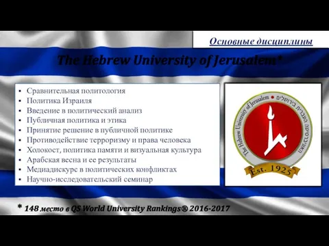 * 148 место в QS World University Rankings® 2016-2017 The Hebrew