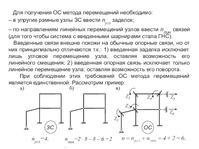 Для получения ОС метода перемещений необходимо: – в упругие рамные узлы