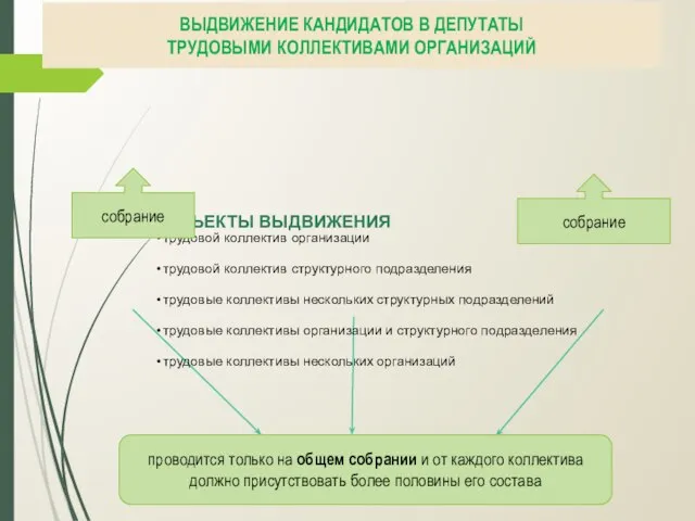 ВЫДВИЖЕНИЕ КАНДИДАТОВ В ДЕПУТАТЫ ТРУДОВЫМИ КОЛЛЕКТИВАМИ ОРГАНИЗАЦИЙ СУБЪЕКТЫ ВЫДВИЖЕНИЯ трудовой коллектив