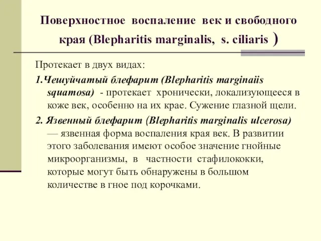 Поверхностное воспаление век и свободного края (Blepharitis marginalis, s. сiliaris )