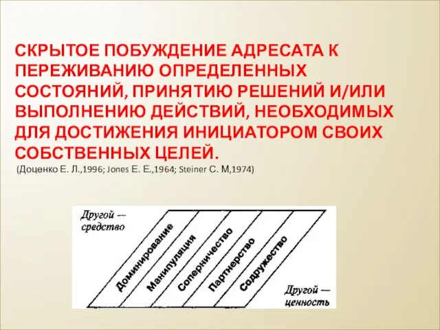 СКРЫТОЕ ПОБУЖДЕНИЕ АДРЕСАТА К ПЕРЕЖИВАНИЮ ОПРЕДЕЛЕННЫХ СОСТОЯНИЙ, ПРИНЯТИЮ РЕШЕНИЙ И/ИЛИ ВЫПОЛНЕНИЮ