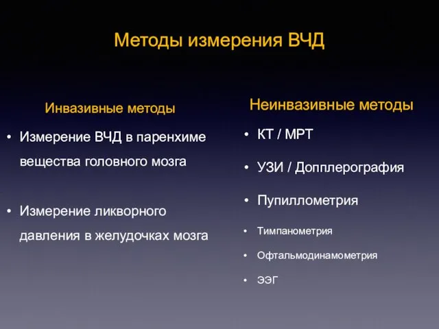 Методы измерения ВЧД Инвазивные методы Измерение ВЧД в паренхиме вещества головного