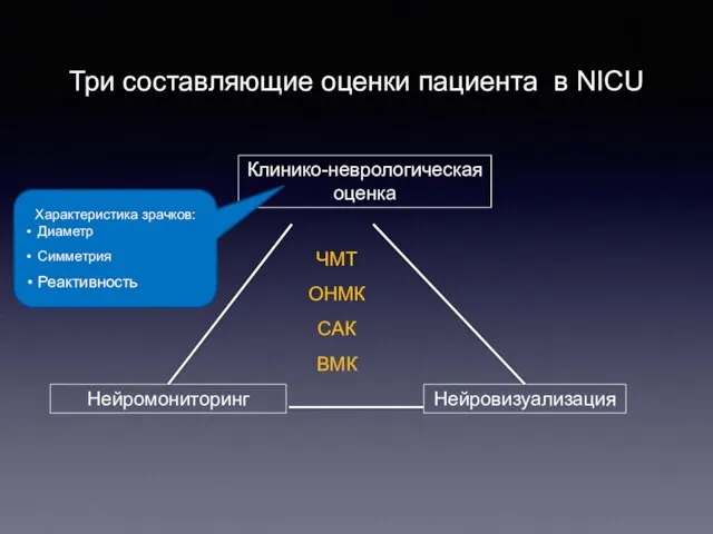 Три составляющие оценки пациента в NICU Клинико-неврологическая оценка Нейровизуализация Нейромониторинг ЧМТ