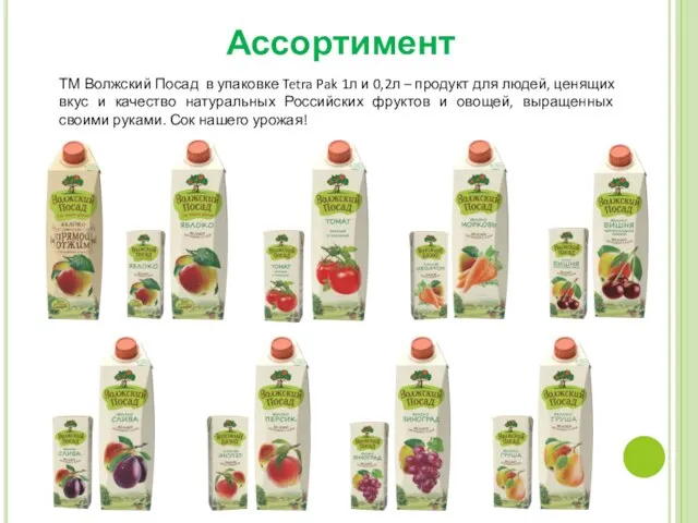 Ассортимент ТМ Волжский Посад в упаковке Tetra Pak 1л и 0,2л