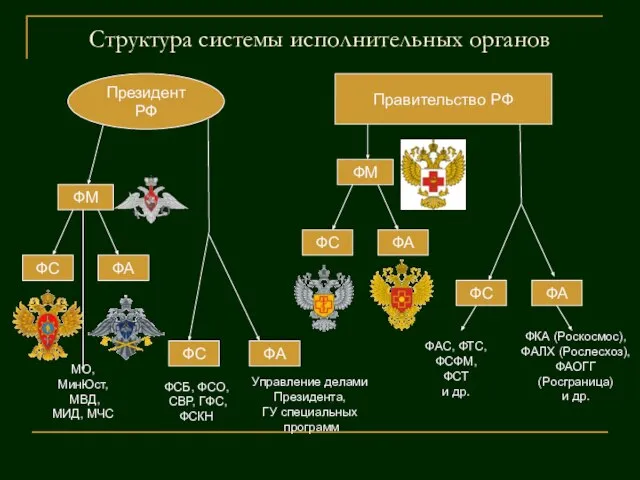 Структура системы исполнительных органов Правительство РФ ФМ ФА ФС ФА ФС