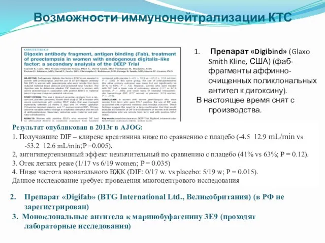 Возможности иммунонейтрализации КТС Препарат «Digifab» (BTG International Ltd., Великобритания) (в РФ