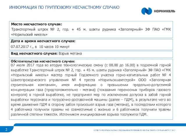 ИНФОРМАЦИЯ ПО ГРУППОВОМУ НЕСЧАСТНОМУ СЛУЧАЮ ОТЧЕТ О РЕЗУЛЬТАТАХ РАССЛЕДОВАНИЯ ГРУППОВОГО НЕСЧАСТНОГО