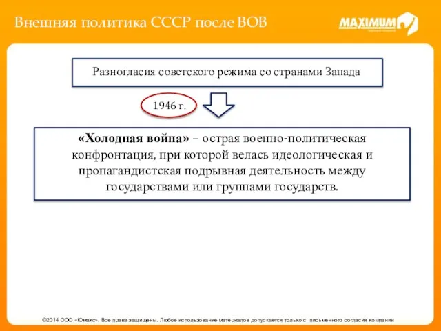 Внешняя политика СССР после ВОВ ©2014 ООО «Юмакс». Все права защищены.