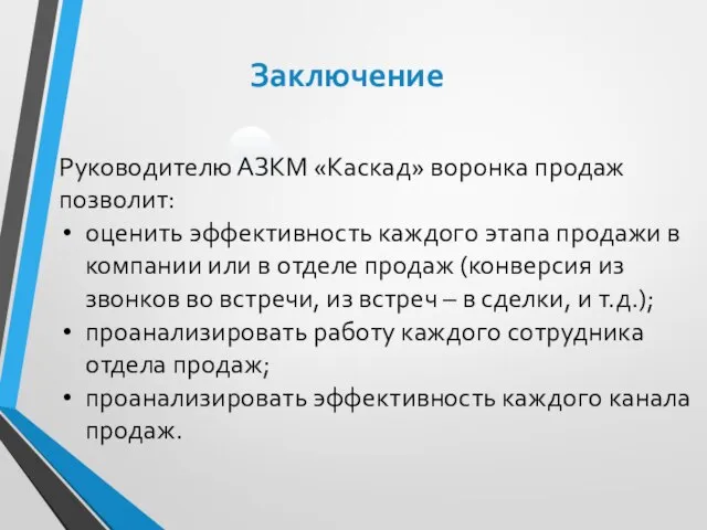 Заключение Руководителю АЗКМ «Каскад» воронка продаж позволит: оценить эффективность каждого этапа