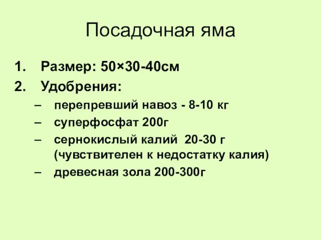 Посадочная яма Размер: 50×30-40см Удобрения: перепревший навоз - 8-10 кг суперфосфат