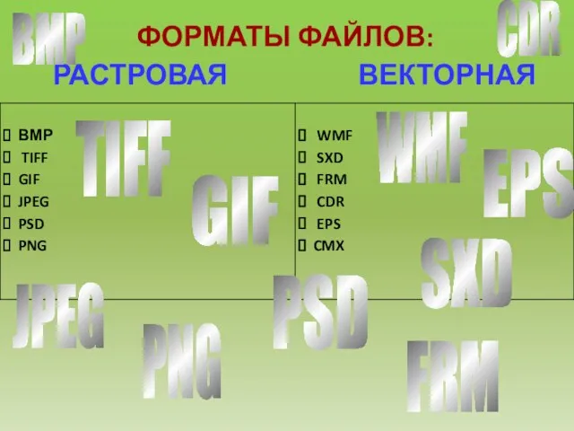 ФОРМАТЫ ФАЙЛОВ: РАСТРОВАЯ ВЕКТОРНАЯ BMP WMF JPEG PNG PSD GIF TIFF CDR SXD FRM EPS