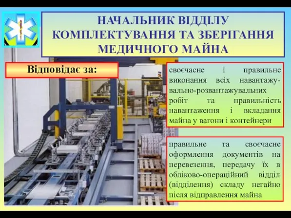 Відповідає за: своєчасне і правильне виконання всіх навантажу-вально-розвантажувальних робіт та правильність