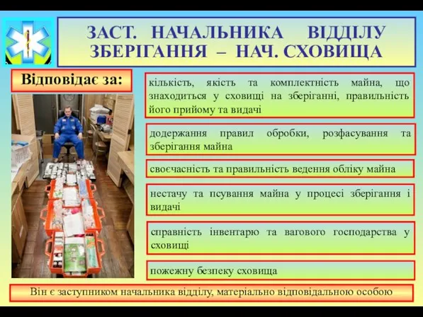 Відповідає за: кількість, якість та комплектність майна, що знаходиться у сховищі