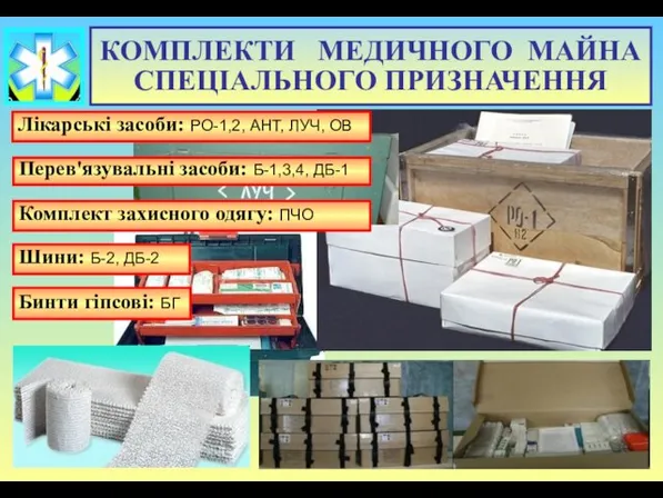 КОМПЛЕКТИ МЕДИЧНОГО МАЙНА СПЕЦІАЛЬНОГО ПРИЗНАЧЕННЯ Лікарські засоби: РО-1,2, АНТ, ЛУЧ, ОВ