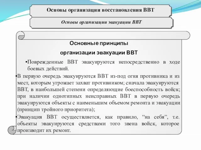 Основы организации восстановления ВВТ Основные принципы организации эвакуации ВВТ Поврежденные ВВТ