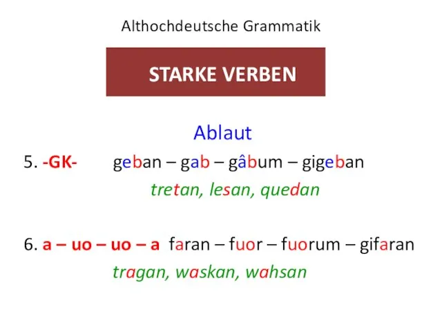 Althochdeutsche Grammatik STARKE VERBEN Ablaut 5. -GK- geban – gab –